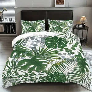 TikTok Viral Tropical Leaf Bedding Set, 3Pcs Green Plant Duvet Cover Set, Boho Bedroom Decor, Soft & Washable Bed Set for Queen/King Bed