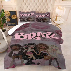 Street Beauty Theme Quilt, Bratz Doll Pattern Fashion, Perfect for Girls' or Adults' Bedroom Decor, Includes 1 Quilt and 1-2 Pillowcases