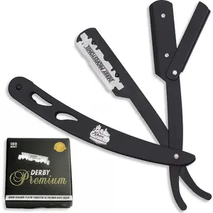 Straight Edge Razor Kit - with Single Stainless Steel razors for men from (Black, Derby Premium Single Edge)