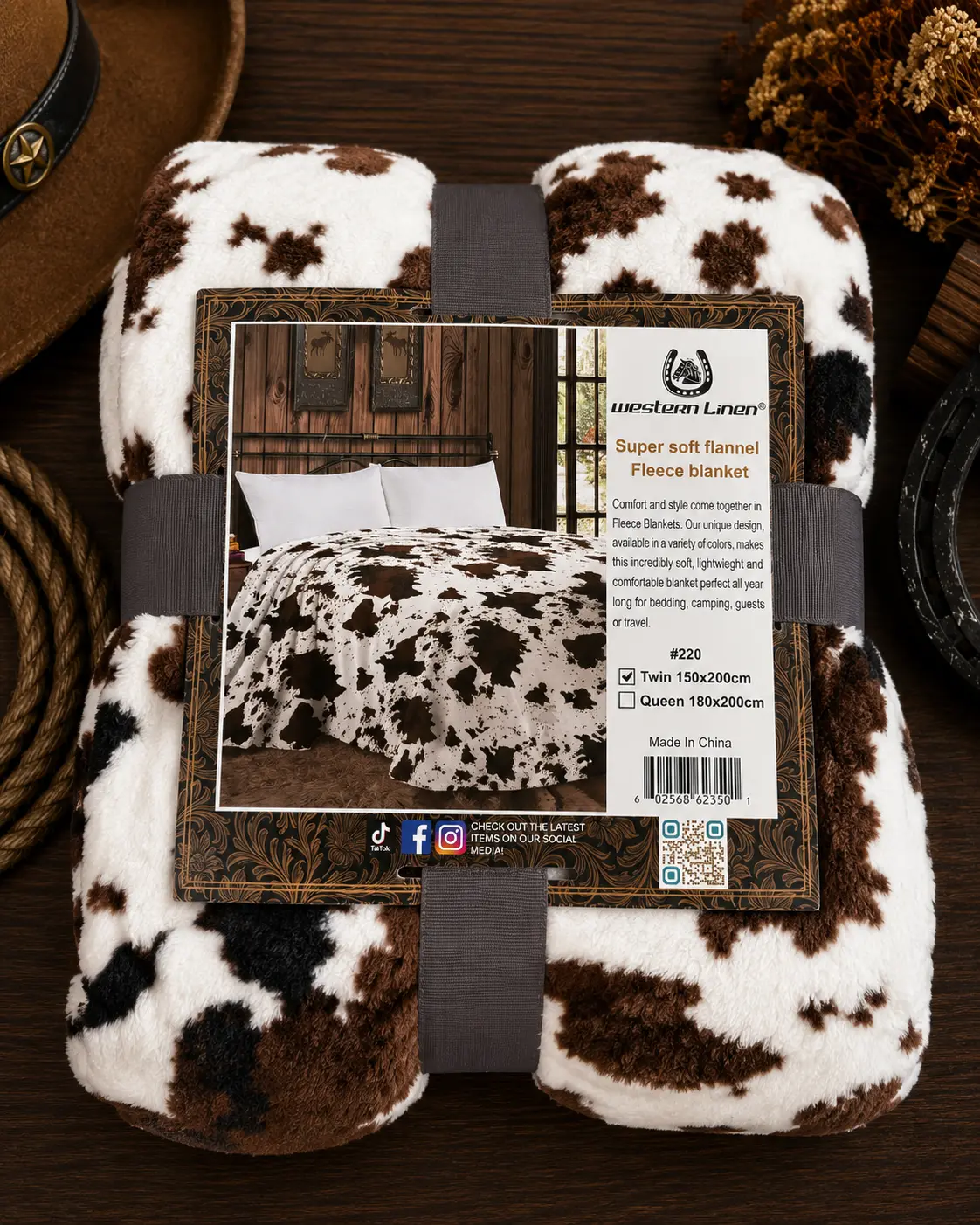 Mia Cow Print Soft Fleece Throw Blanket, Queen Size Throw Blankets