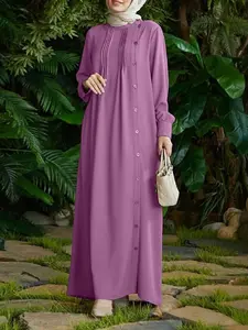 ZANZEA Women's Casual Solid Color Muslim Dress, Muslim Women Gowns, Elegant Round Neck Long Sleeve Button Design, Perfect for Daily, Travel, Commuting