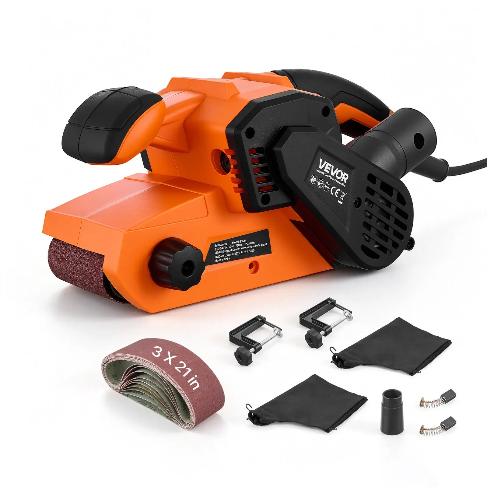 VEVOR 7A Adjustable Belt Sander, 3-in x 21-in Woodworking Power Tool with 6 Speeds (630-1200 FPM), 2-in-1 Handheld Grip & Benchtop Design, Belt + Clamps, 2 Dust Bags, 10PCS Sandpaper for Flat Surfaces Woodworkers