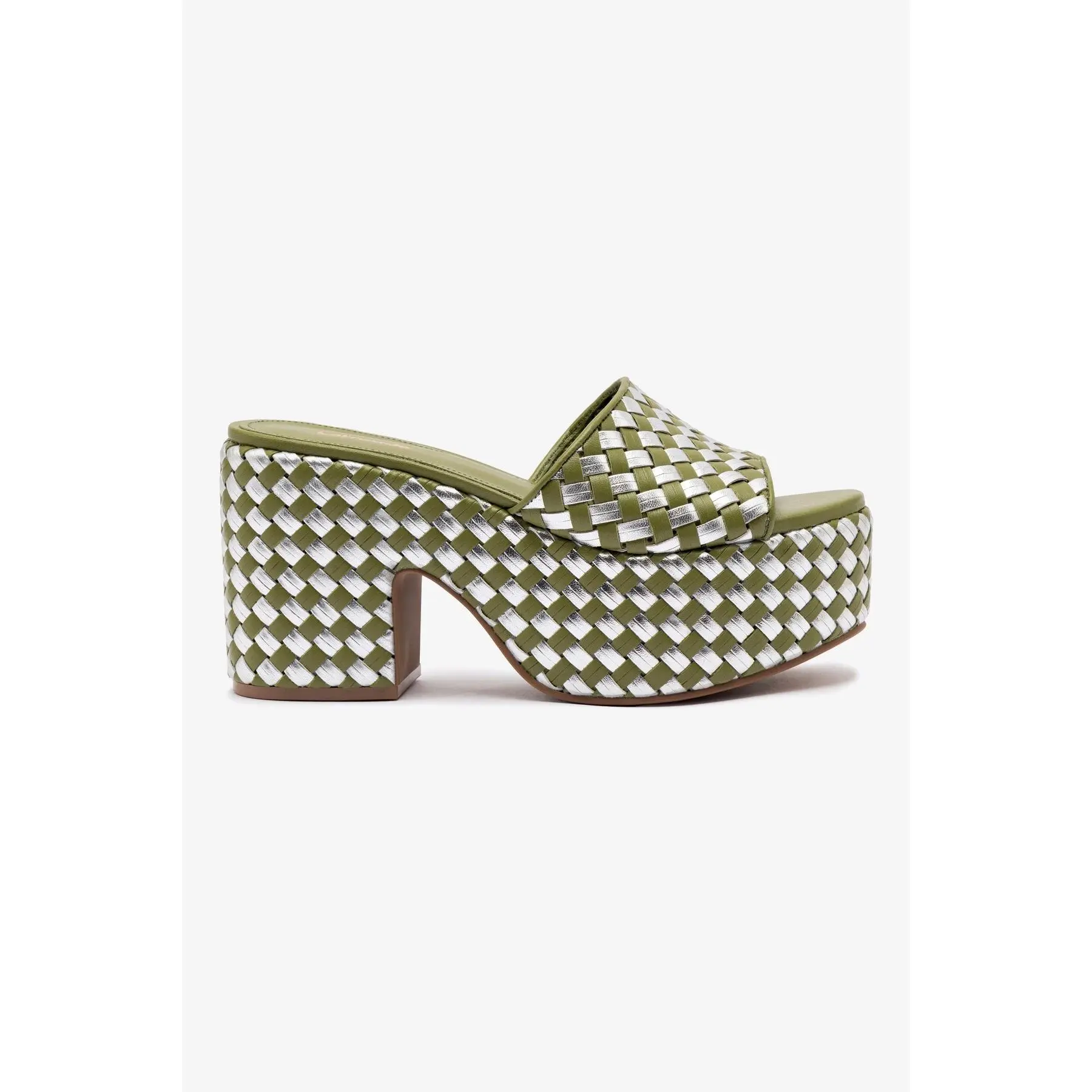Miso Platform Sandal In Seaweed Leather and Silver Metallic Leather