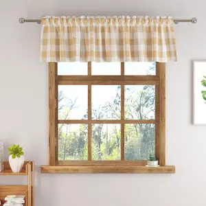 Plaid Valances Gingham 1 Pack Tiers Rod Pocket Beige and White Curta For Windows Treatment Decor Small For Kitchen/Living Room 14 Inch Length