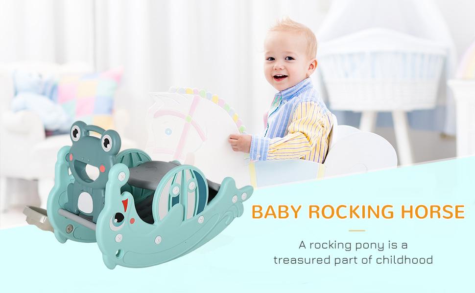 Qaba 3-in-1 Kids Portable Slide Rocking Horse Toy with Basketball Hoop for Age 1.5-3 Boys and Girls, Mint Green