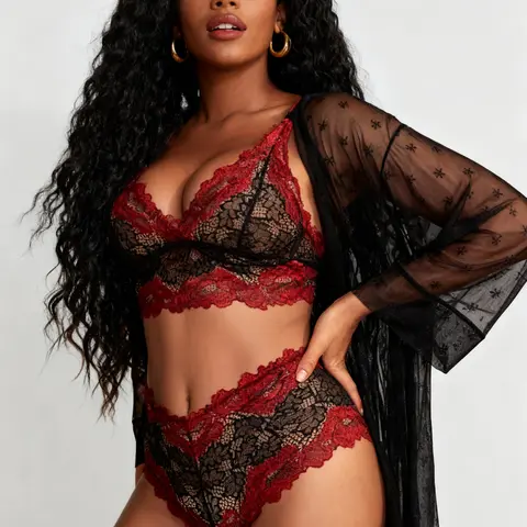 RSLOVE Women's 3-Piece Lacy Sexy Chic Lace Lingerie Chemise Set - Fitted V-Neck Mesh Babydoll Sleepwear with Tummy-Friendly Embroidery, Breathable Elastic Spaghetti Slip Nightgown for Summer Customized Use