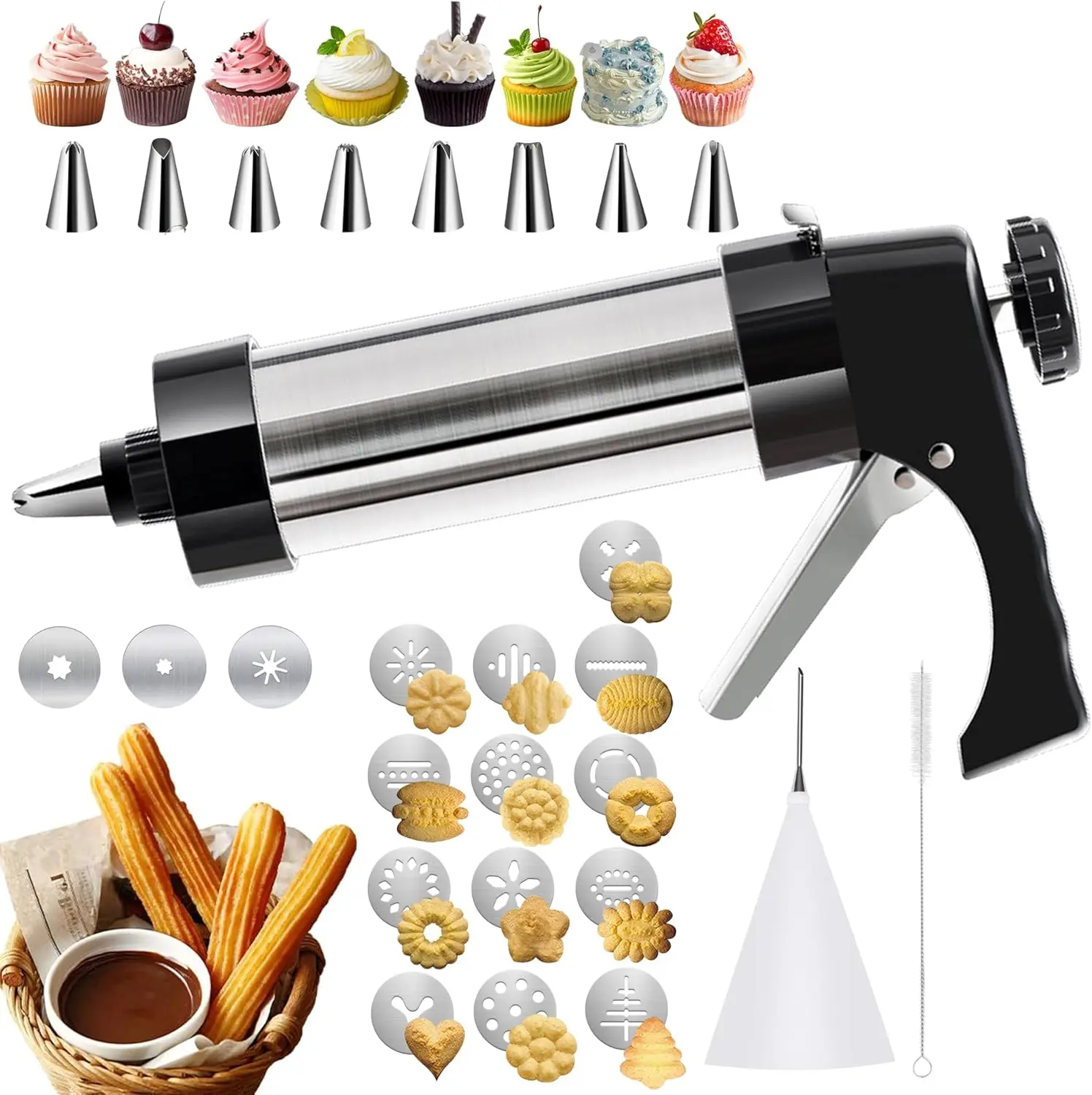 DealsForYou Stainless Steel Cookie Press Set - 28pcs Kitchen Bakeware Utensils with 16 Cookie Discs, 8 Piping Tips, 2 Brushes for DIY Cake Decorating, Ideal for Friends