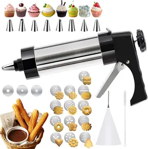 Stainless Steel Cookie Press Gun Kit, 28pcs Churros Maker with 16 Cookie Discs, 8 Piping Tips, 2 Brushes for DIY Cake Decorating Baking Supplies