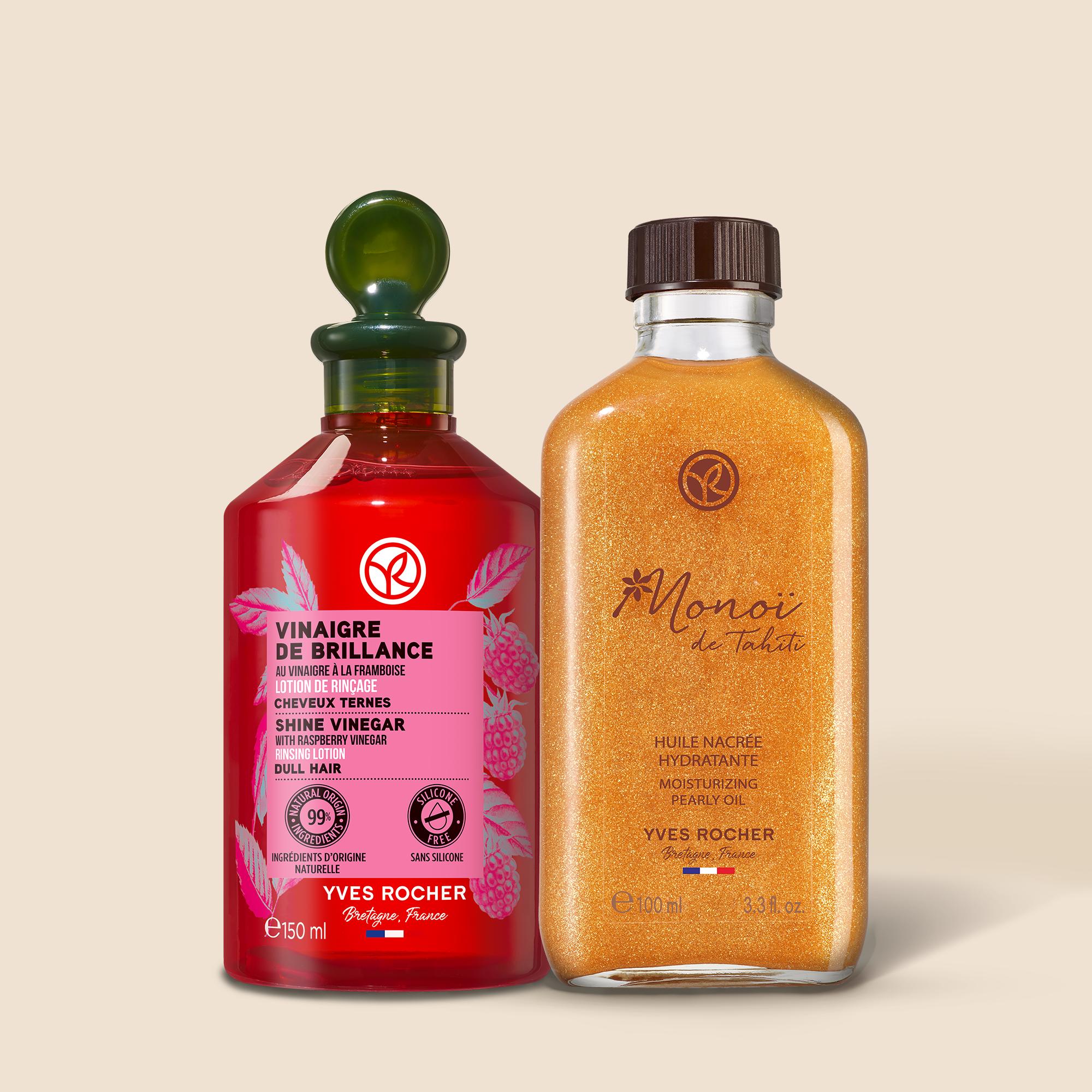 Yves Rocher Monoi de Tahiti 100ml Moisturizing Pearly Oil - Hair Shine Vinegar 150ml Hydrating Vinegar Finishing Rinse