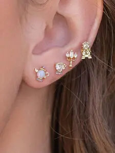 4PCS Fun Teapot Candlestick Crystal Stud Earrings, Vintage Style,Clean Girl Style,Perfect Birthday Holiday Gift, Beach Party Accessories