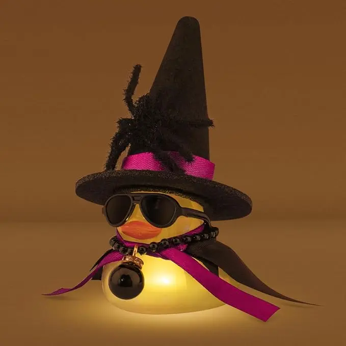 Halloween Glowing Rubber Duck with LED Light, Transparent Light Up Rubber Duck Toy, Black Spider Sunglasses, Pearl Pirate Hat & Cloak, Cute Halloween Party Decorations, Bath Toy, Gift for Kids & Adults