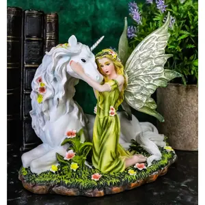 Ebros Gift Green Earth Gaia Fairy with Rare Floral White Unicorn Statue Decor Figurine 7" Long Unicorns Glade Enchanted Magical Encounter Collectible