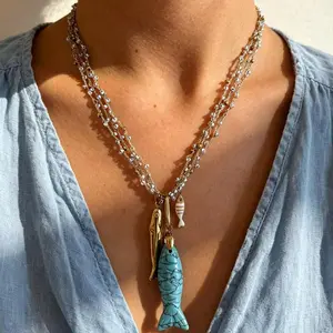 Aesthetic Multi-Layer Glass Bead Choker, Non-Tarnish Natural Stone Fish Pendant for Stacking, Vibrant Layering Accessory for Vacation, Spiritual Unique Sister Gift Idea summervibes