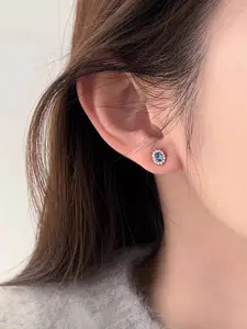 Elegant Oval Goose Egg Stud Earrings, Blue Synthetic Zirconia, Copper Material, Perfect Gift for Mom, Wife, Girlfriend