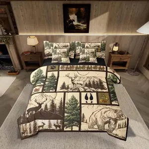 Deer Bed in a Bag Bear Comforter Set 7 Pieces Moose Wild Animal Rustic Cabin Country Tree Mountain Bedding Set Room Decor Brown Plaid Bed Set with Comforter,Sheet Set,Pillowcases