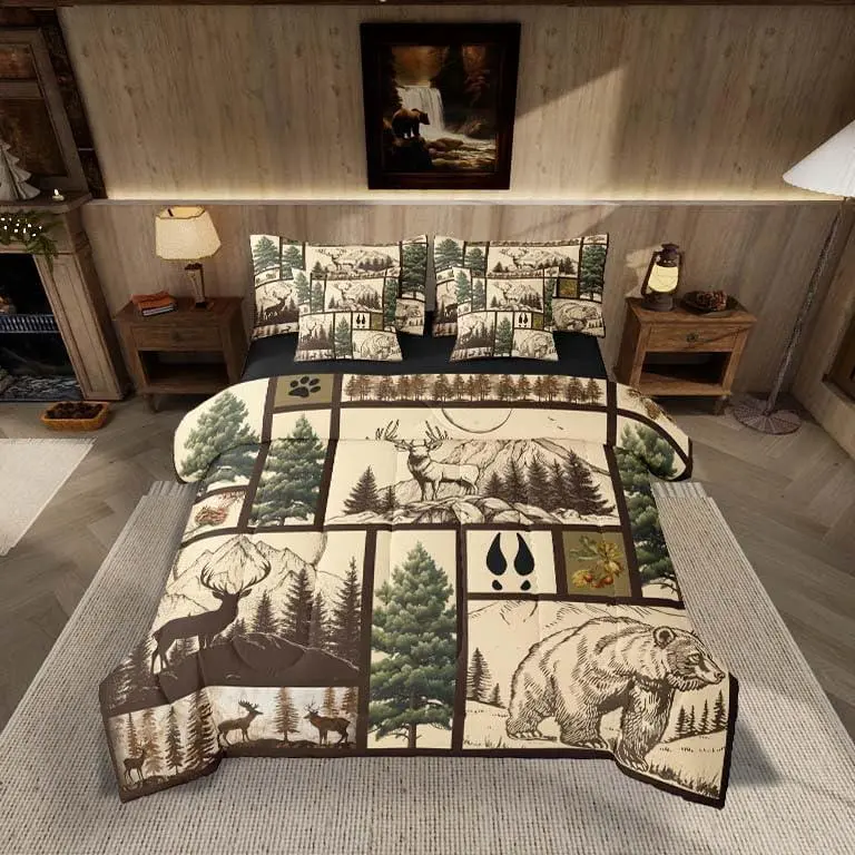 Deer Bed in a Bag Bear Comforter Set 7 Pieces Moose Wild Animal Rustic Cabin Country Tree Mountain Bedding Set Room Decor Brown Plaid Bed Set with Comforter,Sheet Set,Pillowcases