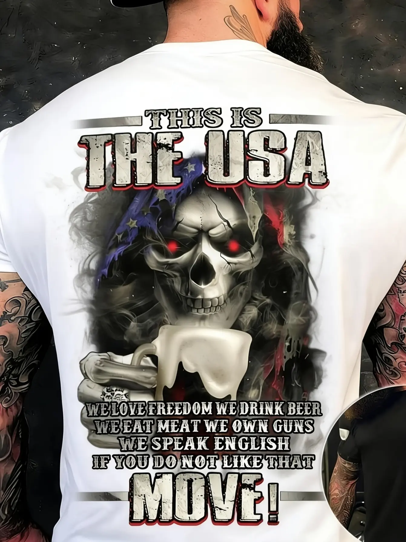 Men's USA Flag Patriotic T-Shirt with Skull & Text Print - Casual Round Neck Short Sleeve Shirt Suitable for Year-Round Wear, Machine Washable for Daily Outfits & Outdoor Activities