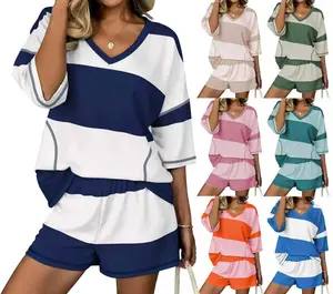 Two Piece Sets for Women Summer Lounge Sets 2026 Striped Shirts and Shorts Set Oversized Matching Outfit tiktokshopspringglowup,summervibes