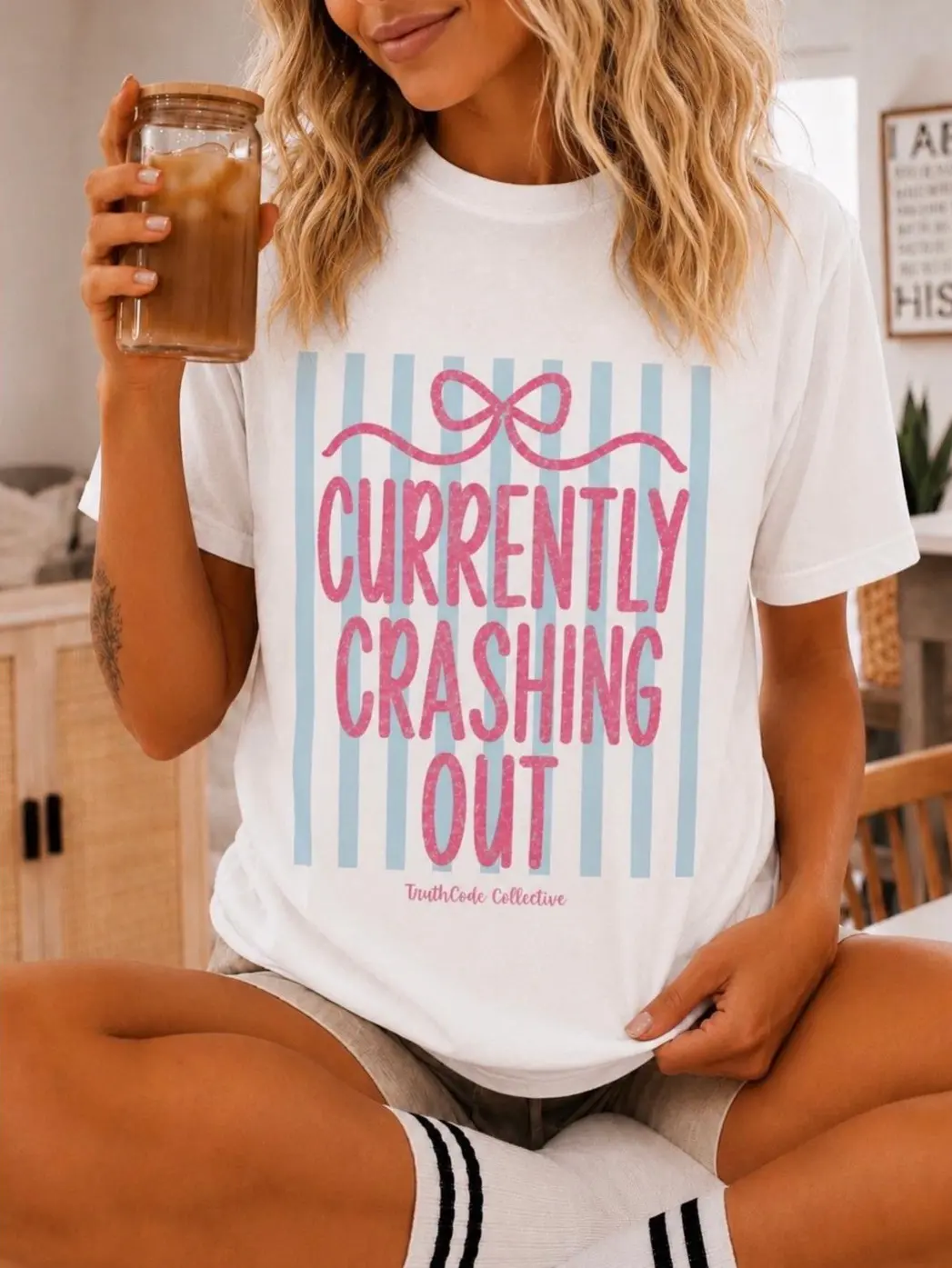 Organic Cotton "CRASHING OUT" Tee, Pastel Graphic T-Shirt, Womenswear Cap, Eco-Friendly, Unisex Fit [GOTS + OCS Certified]