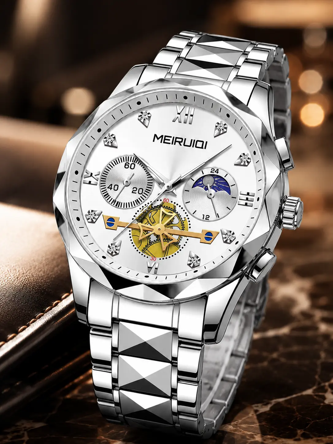 Luxury Men's Silver Stainless Steel Watch, Skeleton Dial Fashion Business Quartz Wristwatch with Diamond Markers