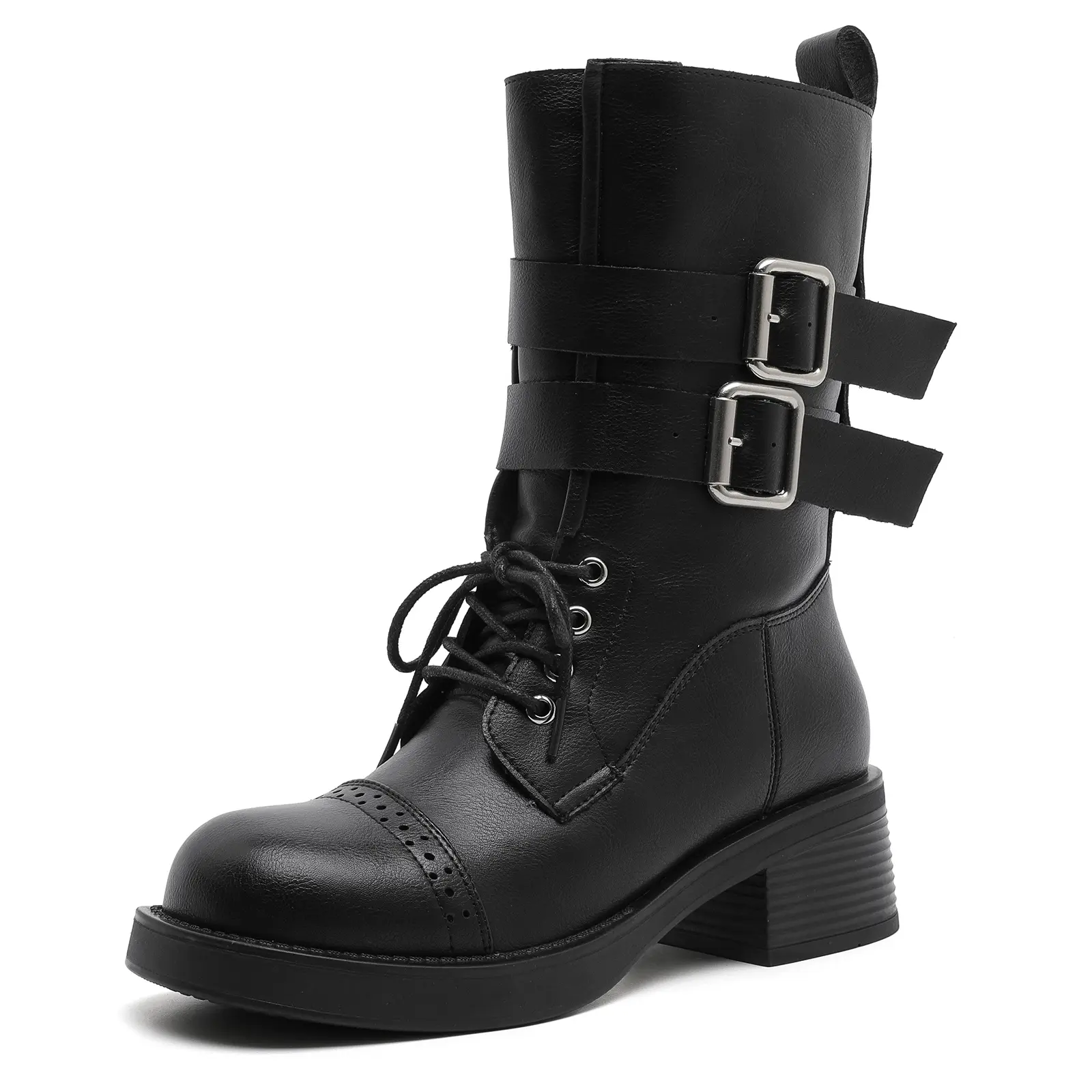 MVEUAC Women's Mid-Calf Combat Boots Lace-Up & Zipper Leather Women Booties Chunky Fashion Women Snow Boots for Fall & Winter