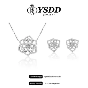 【#558 For Special Occasion】Luxury Rose Flower Necklace and Earrings Synthetic Moissanite Jewelry in 925 Sterling Silver