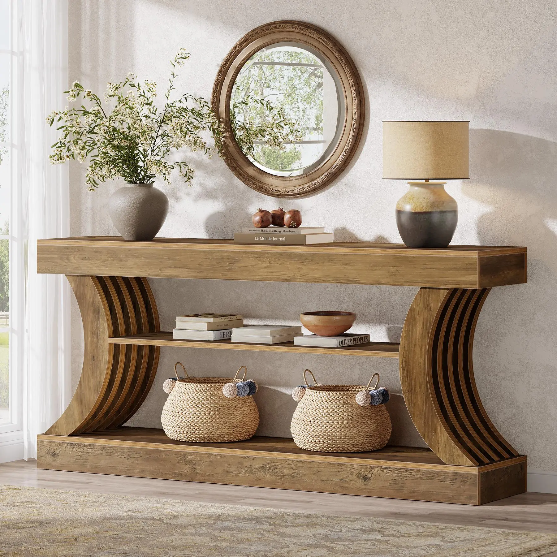 TRIBEWOOD 70.9 in Freestanding Rustic Rectangle Farmhouse Console Table - MDF Wood 3-Tier Shelf Storage Table, 220 lbs Capacity, Assembly Required with Hardware Accessories, for Entryway, Living Room