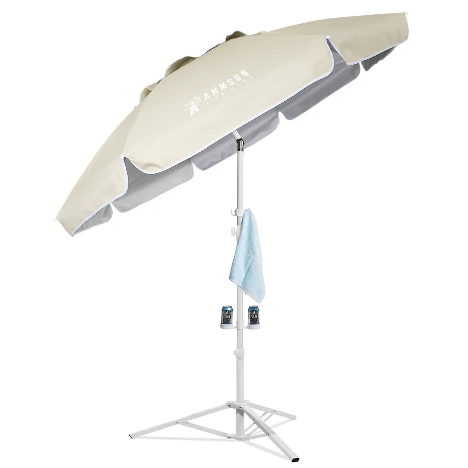 AMMSUN 6.5ft Beige UV-Resistant Beach Umbrella with Stand, Lightweight Portable Freestanding Canopy Shade, Adjustable Easy-Carry Shelter for Sporting Events
