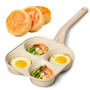 Nonstick 4-Section Breakfast Pan – Marble Coated Skillet with Wooden Handle for Eggs, Pancakes & Daily Cooking