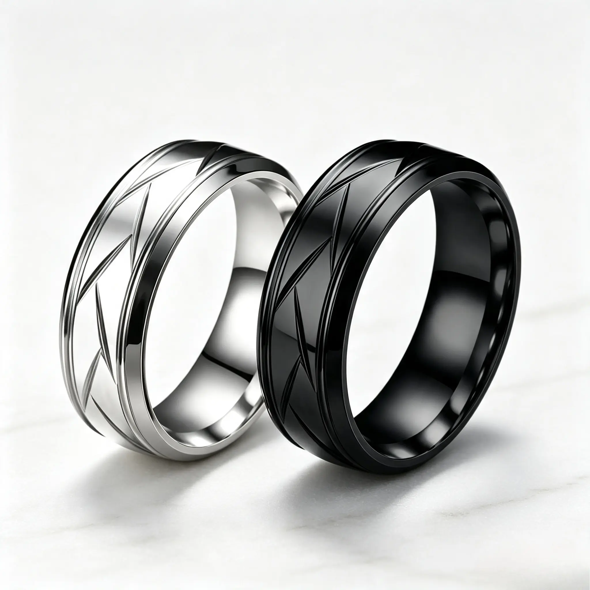Black & Silver Geometric Stainless Steel Ring Unisex Waterproof Daily Wear Band, Scratch Resistant Durable Mens Womens Ring