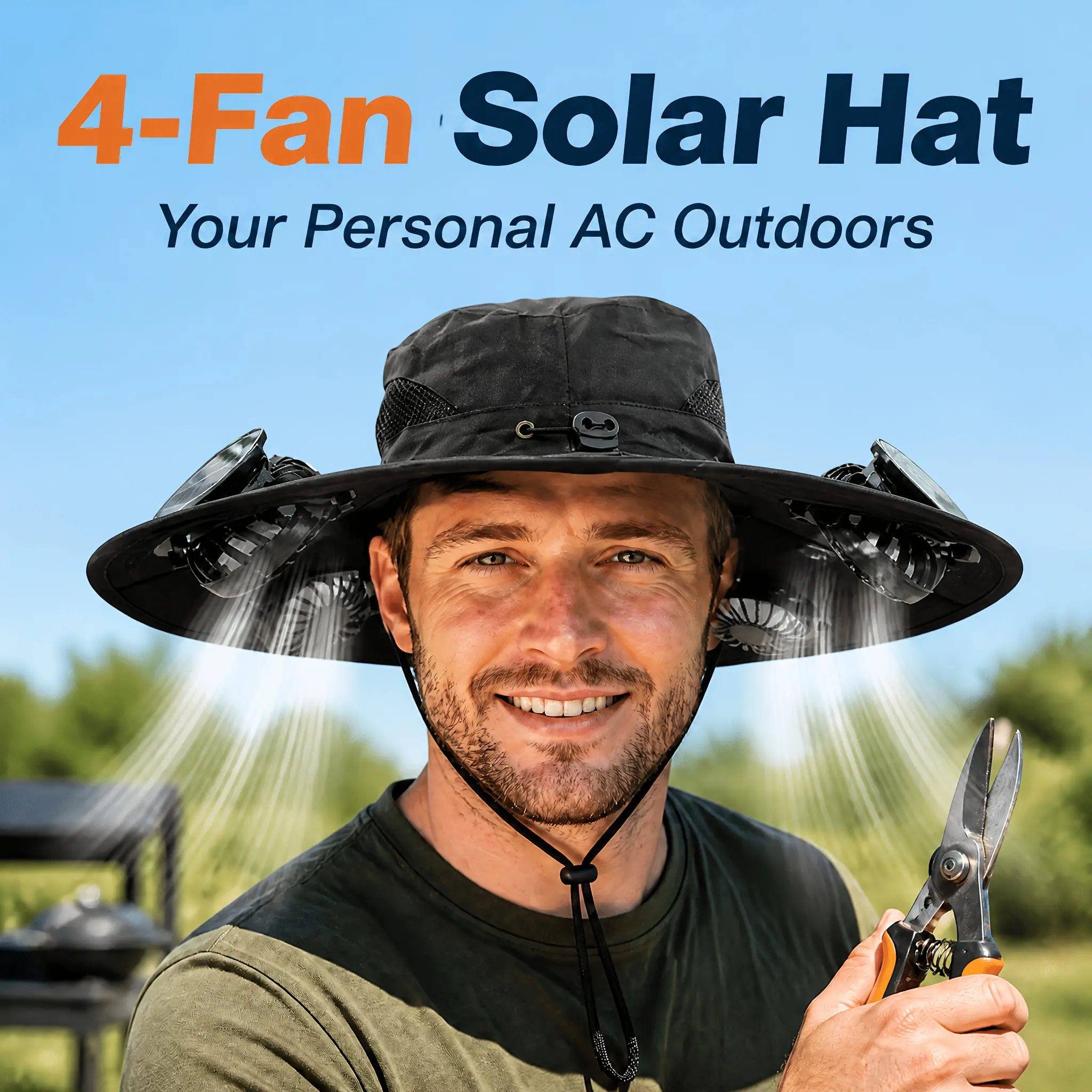 Solar-powered Fan Hat with 4 Fans, Sun Protection, USB Charging, And 3 Adjustable Speed Settings. Outdoor Solar Charging with Adjustable Fan Angle. Features A Wide Brim for Sun Protection. Ideal for Summer Outdoor Activities Such As Hiking