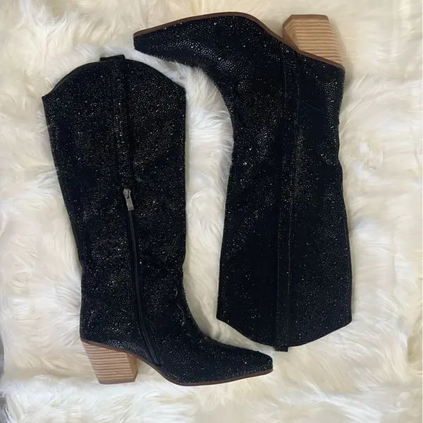 Rhinestone knee-high cowboy boots for women feature sparkling bling details, making them perfect as high knee cowgirl boots and go-go boots.