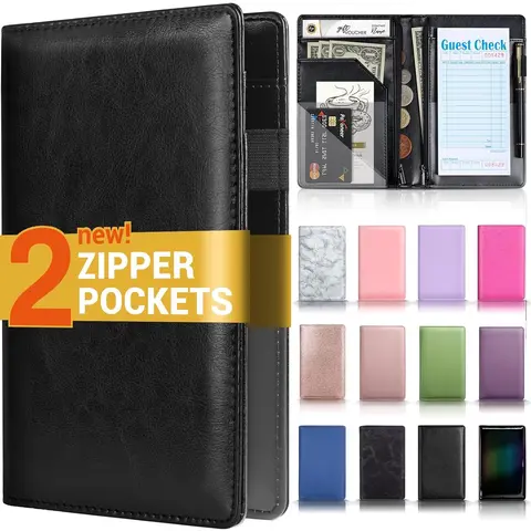 Server Book with 2 Zipper Pockets, Leather Server Books for Waitress, Waiter Book, Sturdy Waitress Book with Money Pocket and Zipper, Servers Book Server Booklet Checkbook Fit Server Apron (4 Color)
