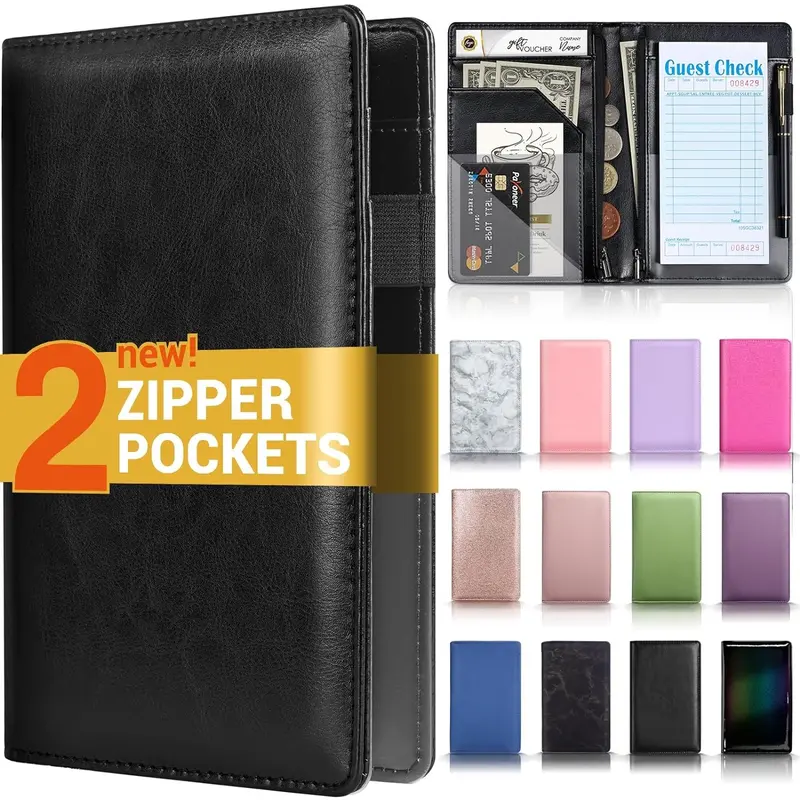 Server Book with 2 Zipper Pockets, Leather Server Books for Waitress, Waiter Book, Sturdy Waitress Book with Money Pocket and Zipper, Servers Book Server Booklet Checkbook Fit Server Apron (4 Color)