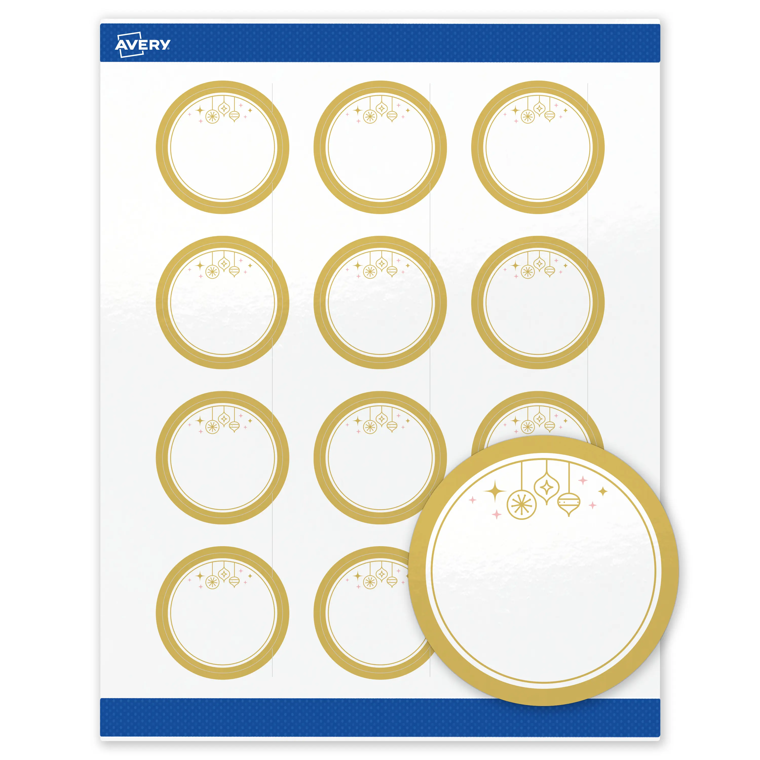 Avery® Printable Christmas Labels with Sure Feed® Technology, Round, 2" Diameter, Pre-Printed Metallic Gold Hanging Ornaments Design, Glossy White, Laser & Inkjet Compatible, 120 Total
