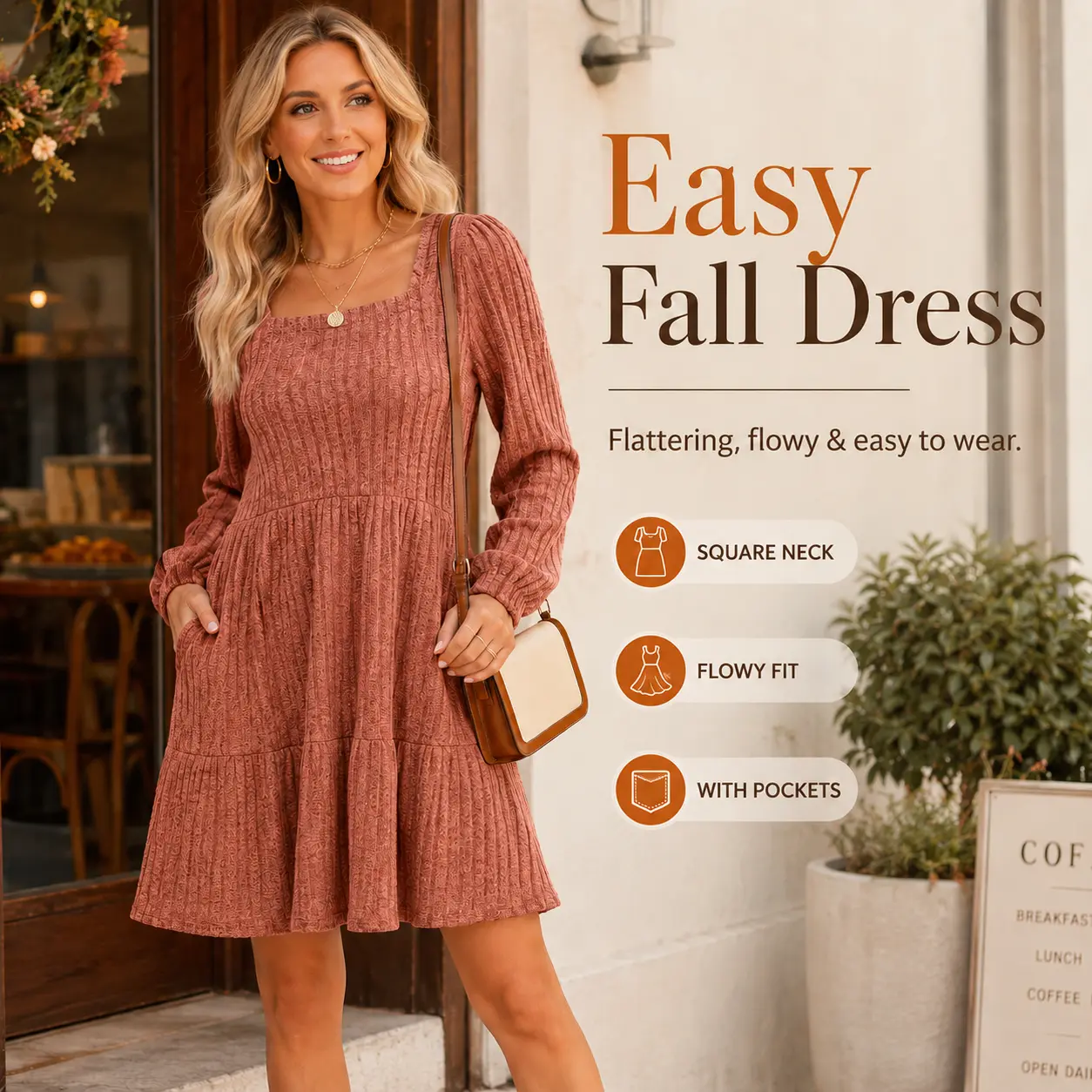 WIHOLL Womens Square Neck Long Sleeve Fall Dresses Casual Babydoll Sweater Dress