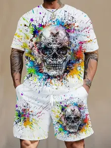 Men's Plus Size 2-Piece Set, Casual Round Neck Skull Print Design T-Shirt & Drawstring Shorts, Polyester Knit Fabric, Loose Fit, All Seasons, Menswear, Clothes, Summer Clothing Set