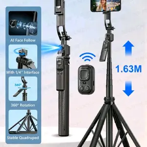 64 inches Automatic Face Tracking Tripod for Smartphones Extendable 3-In-1 Aluminum Alloy Bluetooth Selfie Stick 360° Rotatable with Wireless Remote Compatible with iPhone & Android Phones Black