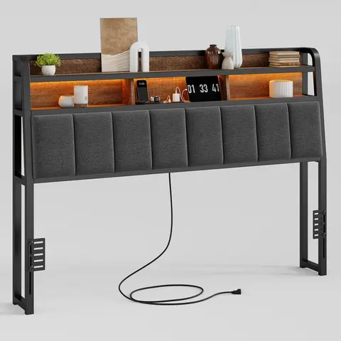 「BlackFriday」ONBRILL Ergonomic Queen/King Size Fabric-Covered Headboard (Only) - 2-Tier Storage, Built-In Outlets & USB Ports, LED Light, Curved Corners, Flexible Foam, Universal Mount Connector, Height Adjustable, Metal Frame, for Modern Home Decor