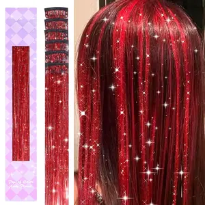 Hair Tinsel Clip in, 6 count Red Sparkling Tinsel Hair Extensions 3s Wear and Go for Party Daily Travel Birthday, 24Inch Hair Accessories for Girls Women
