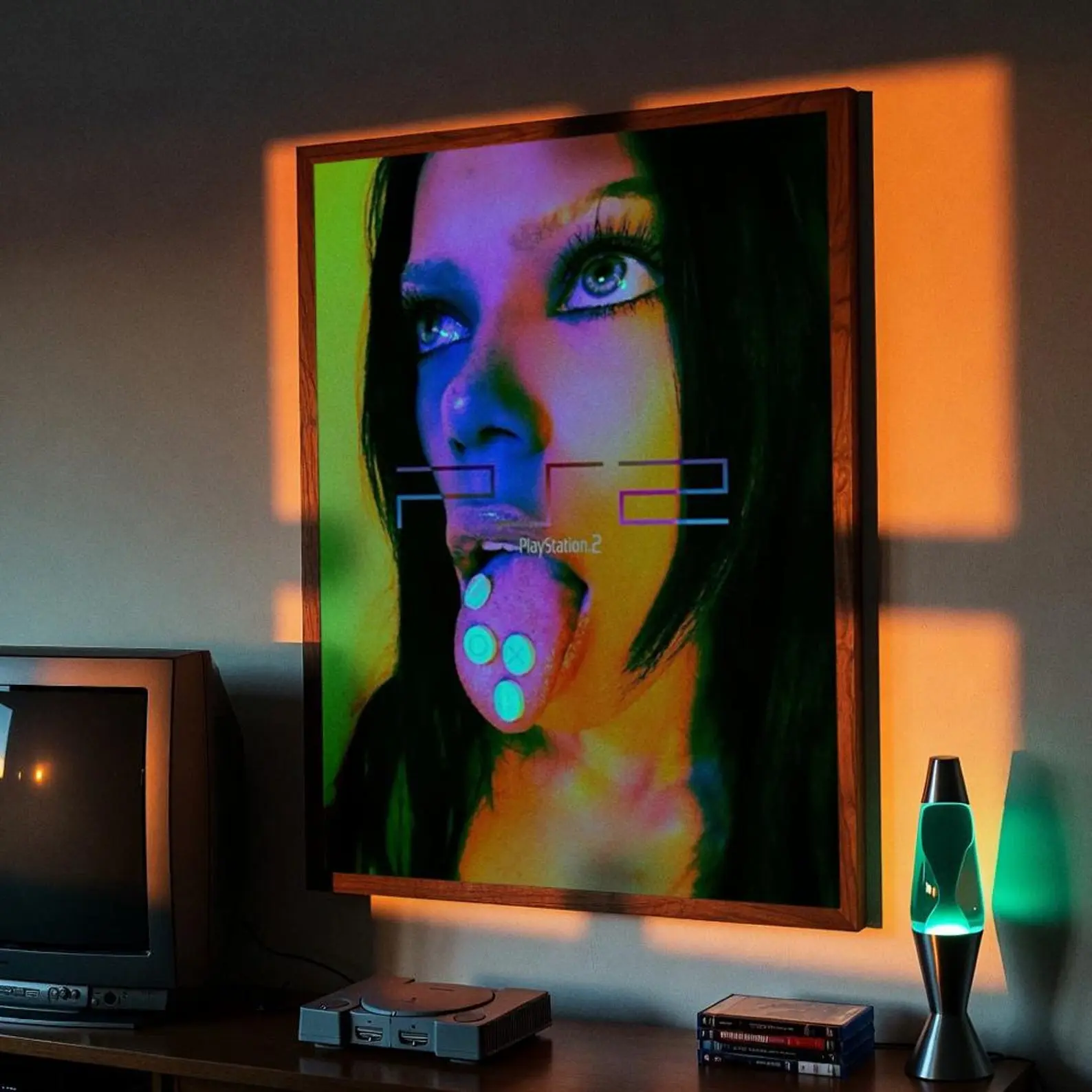 PS2 Neon Girl Poster Y2K PlayStation 2 Gaming Room Wall Art