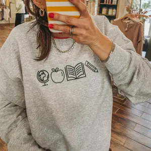 Back to School Teacher Icon Embroidered Sweatshirt | Cute Teacher Crewneck Pullover | Trendy Casual Teacher Gift Top
