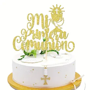 This baptism cake decoration, birthday party supplies, glitter paper baking cake insert, flag insert, topper, dessert table decoration