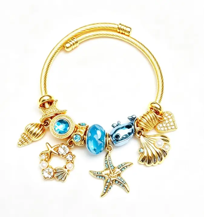Ocean Theme Gold Cable Wire Cuff Bracelet, Adjustable Open Bangle with Starfish, Seashell, Dolphin, Blue Crystal Pearl Charms, Summer Beach Vacation Jewelry Gift for Women Girls