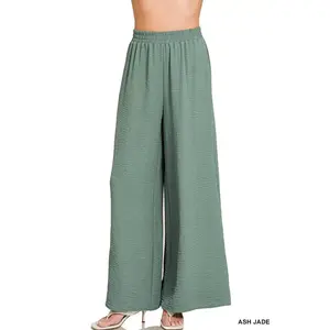 Zenana Woven Airflow Elastic Waistband Pants