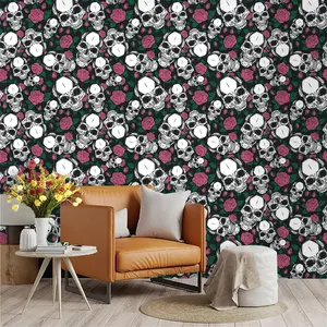 Dark Sweet Skull Rose Wallpaper, PVC Material, Self-Adhesive, Ideal for Kitchen/living Room/bedroom, Large Area Wall Decoration