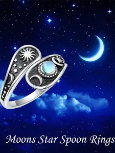 Women's Vintage Bohemian 925 Silver Plated Sun Moon Star Adjustable Spoon Ring, Hypoallergenic Fashion Jewelry Gift Vintage Embossed Ring