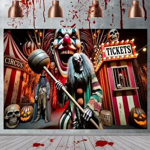 1pc Halloween Party banner, made of polyester material, with a background image of a circus clown, suitable for festival parties, Halloween party decoration, indoor and outdoor decoration, and photography background decoration