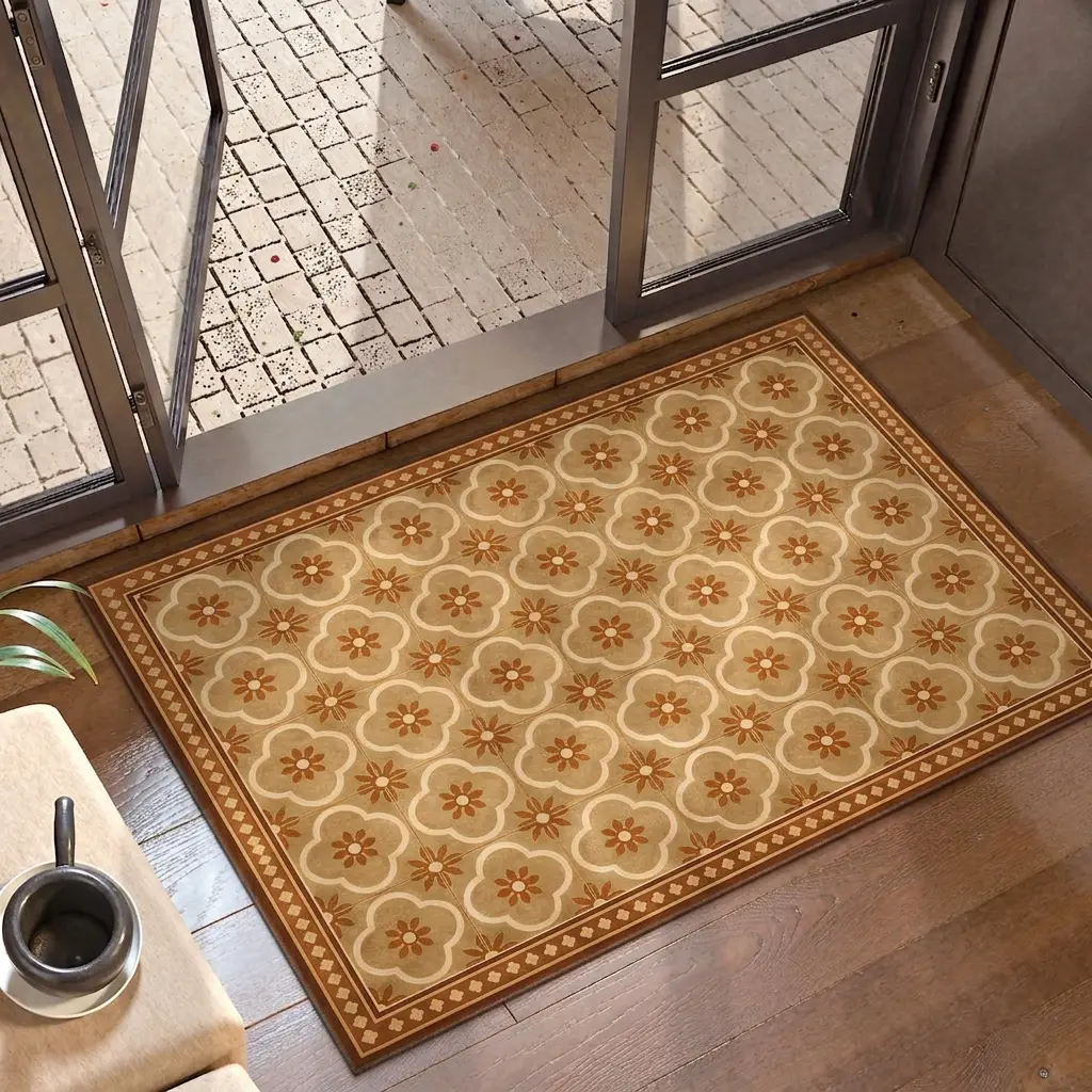 Vintage Orange Tile Pattern Area Rug – Classic European Mosaic Design with Botanical Floral Motifs | Timeless Waterproof Patio Rug for Porch, Deck, Balcony, Kitchen, Living Room & Entryway