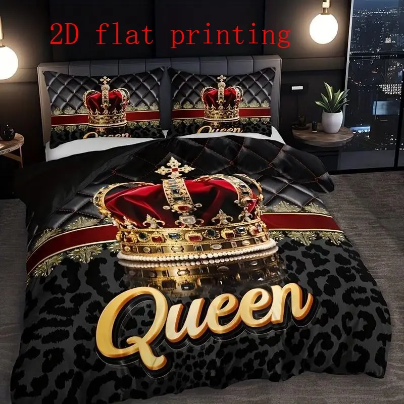 Crown Queen pattern leopard print three piece duvet set, Leopard Bedding Set, made of polyester material, with 1 duvet cover and 2 pillowcases (unfilled), high-definition printing, suitable for families and dormitories